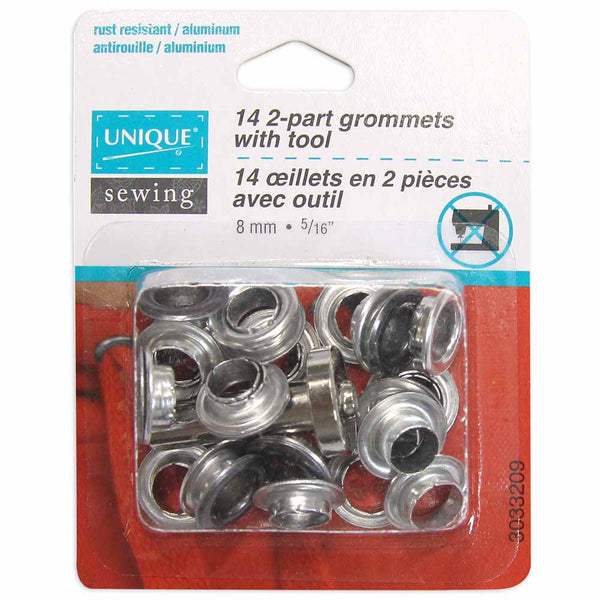 UNIQUE SEWING 2-Part Grommets with Tool - 8mm (5/16") - Gunmetal - 14pcs