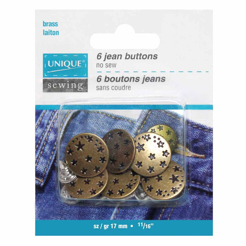 UNIQUE SEWING Jean Buttons No Sewing - Antique Brass Small Stars - 6pcs. - 17mm (⅝")
