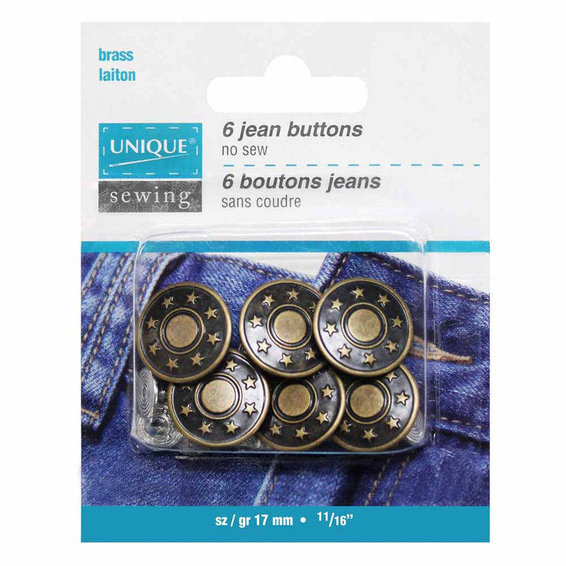 UNIQUE SEWING Jean Buttons No Sewing - Antique Brass Stars - 6pcs. - 17mm (⅝")