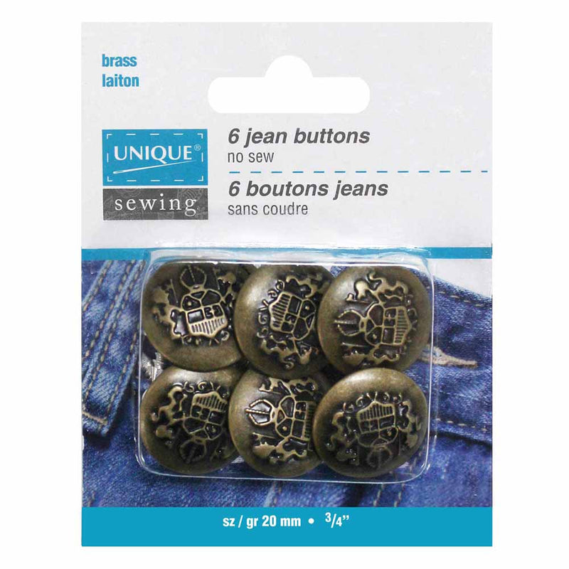 UNIQUE SEWING Jean Buttons No Sewing - Antique Brass Emblem - 6pcs. - 20mm (¾")