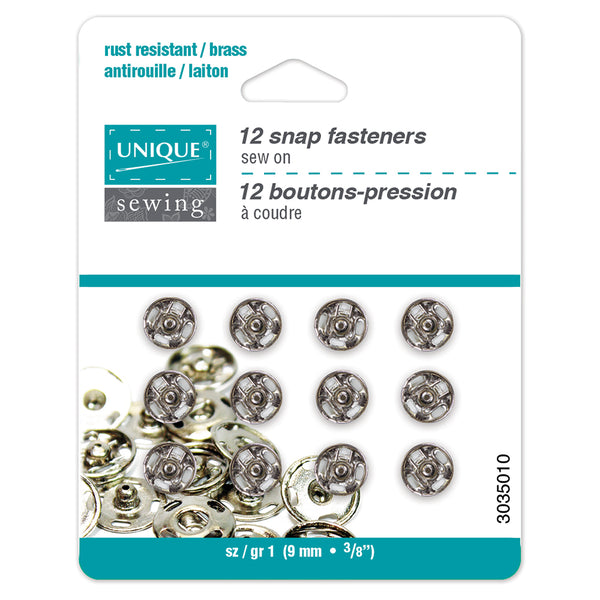 UNIQUE SEWING Snap Fasteners Nickel - size 1 / 9mm (⅜")- 10 sets