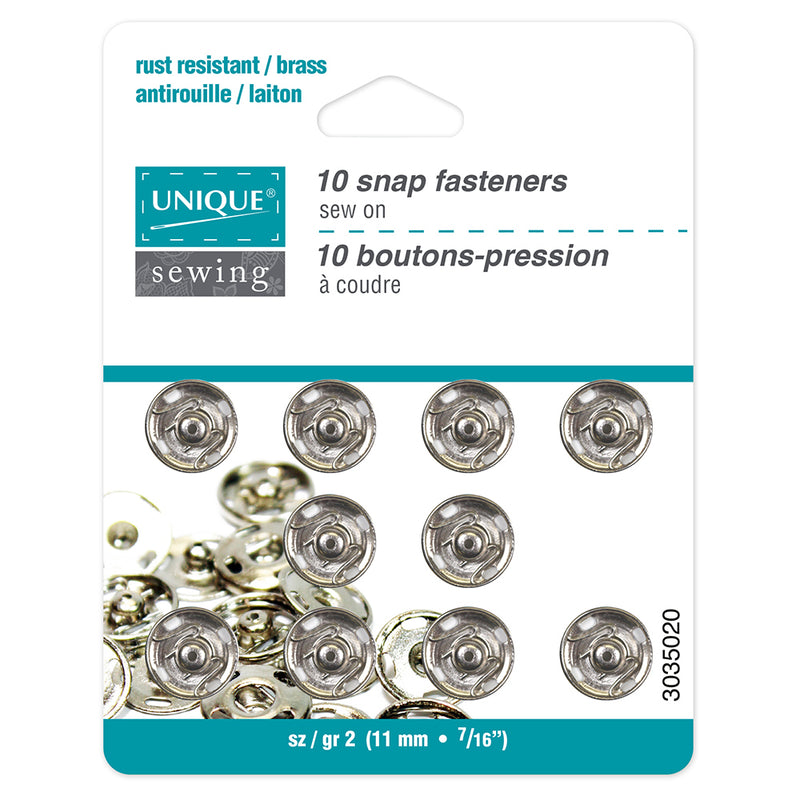 UNIQUE SEWING Snap Fasteners Nickel - size 2 / 11mm (⅜") - 10 sets