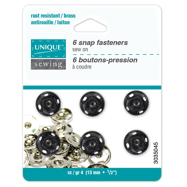 UNIQUE SEWING Snap Fasteners Black - size  4 / 13mm (½")- 6 sets