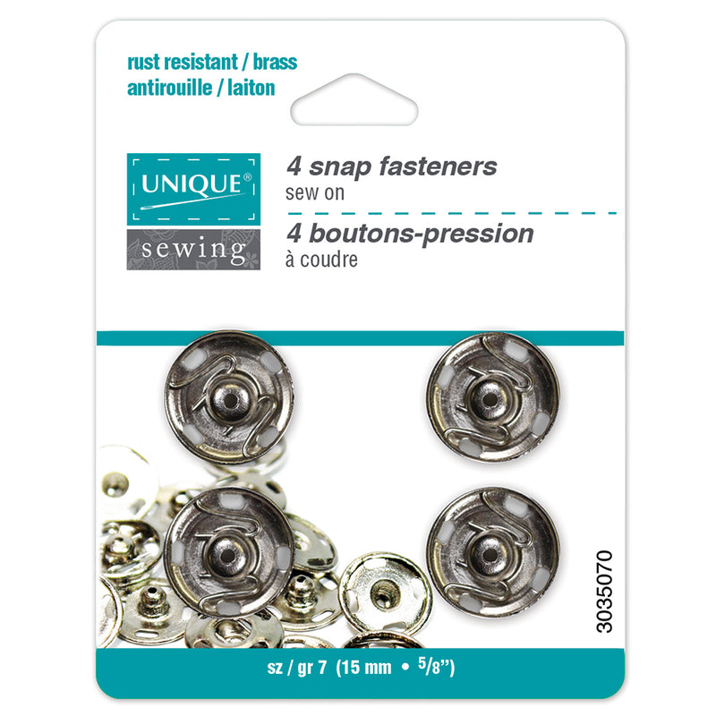 UNIQUE SEWING Snap Fasteners  Nickel - size 7 / 15mm (⅝") - 4 sets