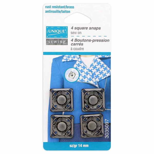 UNIQUE SEWING Square Snap Fasteners - 14mm (½") - Gunmetal - 4 sets