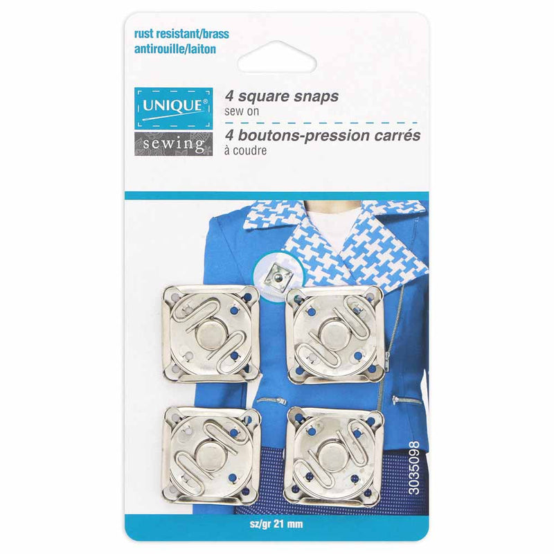 UNIQUE SEWING Square Snap Fasteners - 21mm (⅞") - Silver - 4 sets