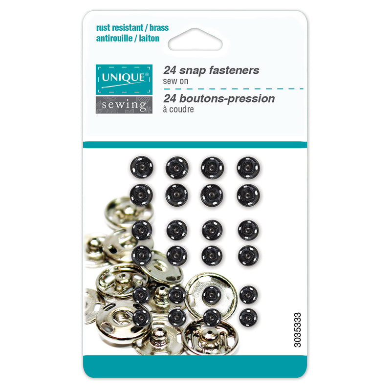 UNIQUE SEWING Assortiment de boutons-pression à coudre noir - 5mm, 6mm, 7mm - 24 paires