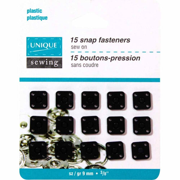 UNIQUE SEWING Boutons-pression à coudre carrés en plastique noir - 15 paires