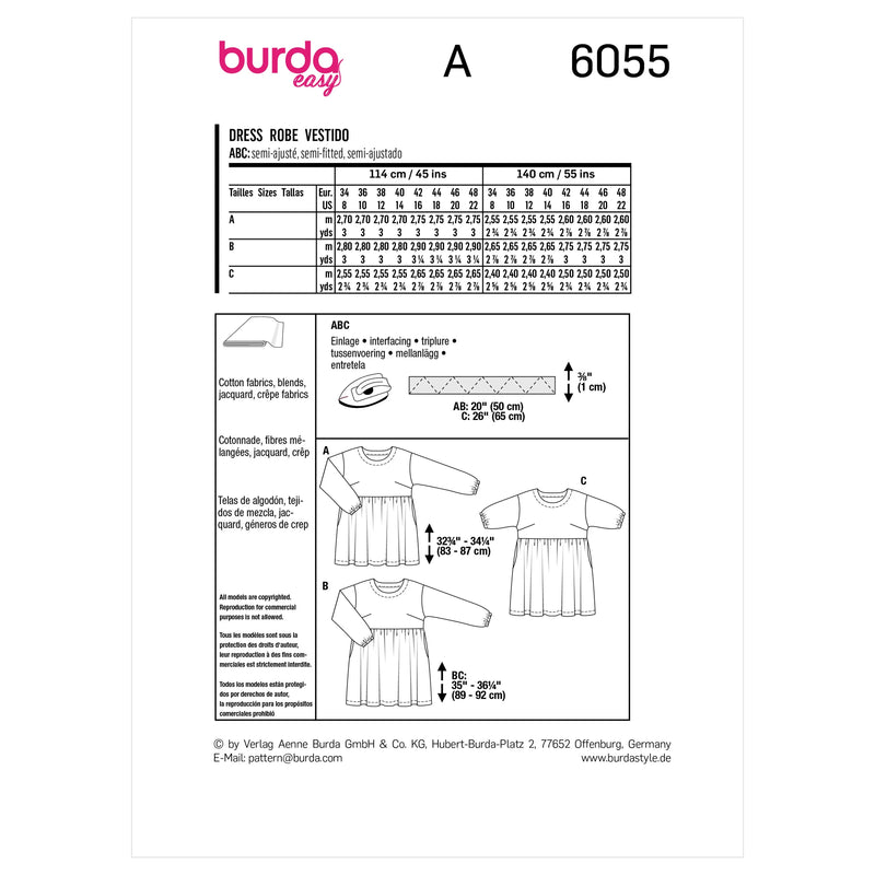 BURDA - 6055 Robe à jupe froncée