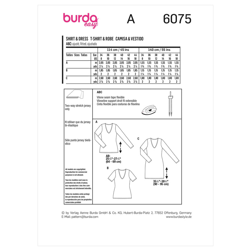 BURDA - 6075 T-shirt, robe – forme droite avec encolure en V