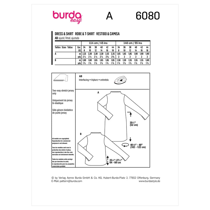 BURDA - 6080 Robe, tee-shirt avec col intégré au devant et au dos