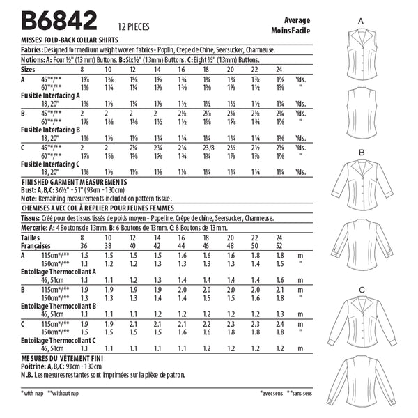 B6842 MISSES' FOLD-BACK COLLAR SHIRTS (size: 16-18-20-22-24)