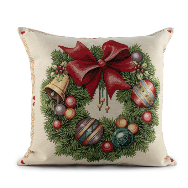Decorative cushion cover - Tapestry - Christmas Wreath - Beige - 18 x 18''