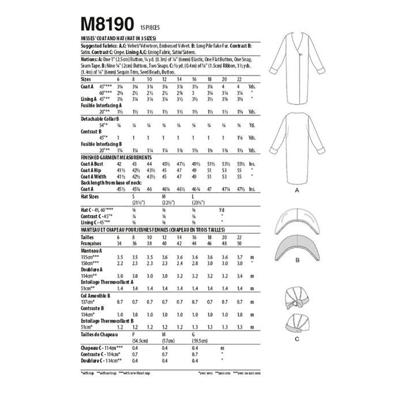 M8190 Misses' Coat & Hat (Hat In 4 Sizes) (size: 14-16-18-20-22)