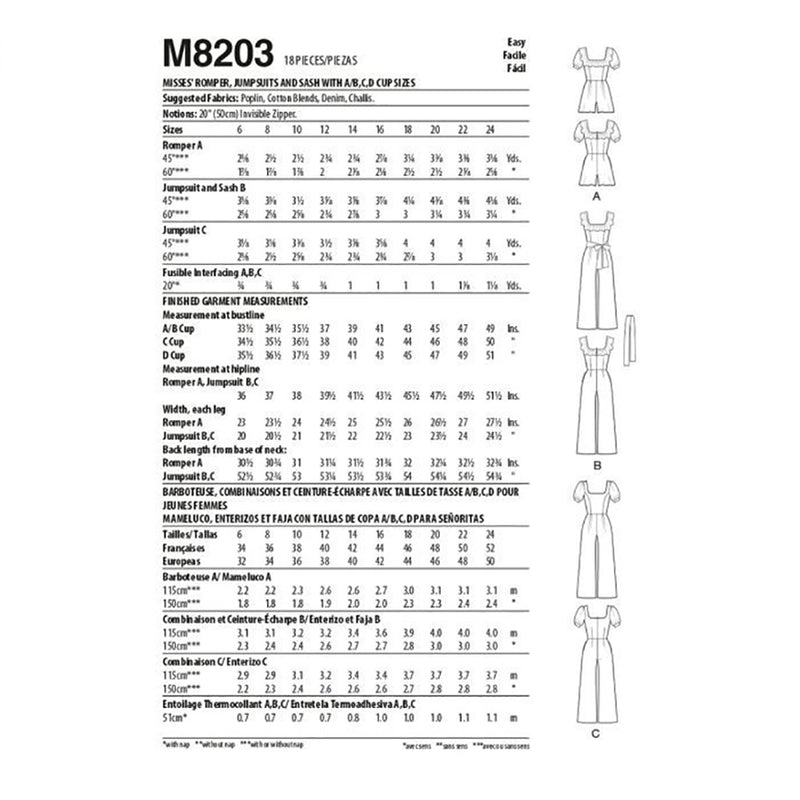 M8203 Misses' Romper, Jumpsuits & Sash (size: 16-18-20-22-24)