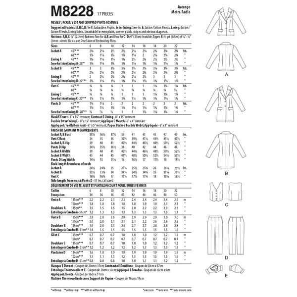 M8228 Misses' Jacket, Vest and Cropped Pants (size: 14-16-18-20-22)