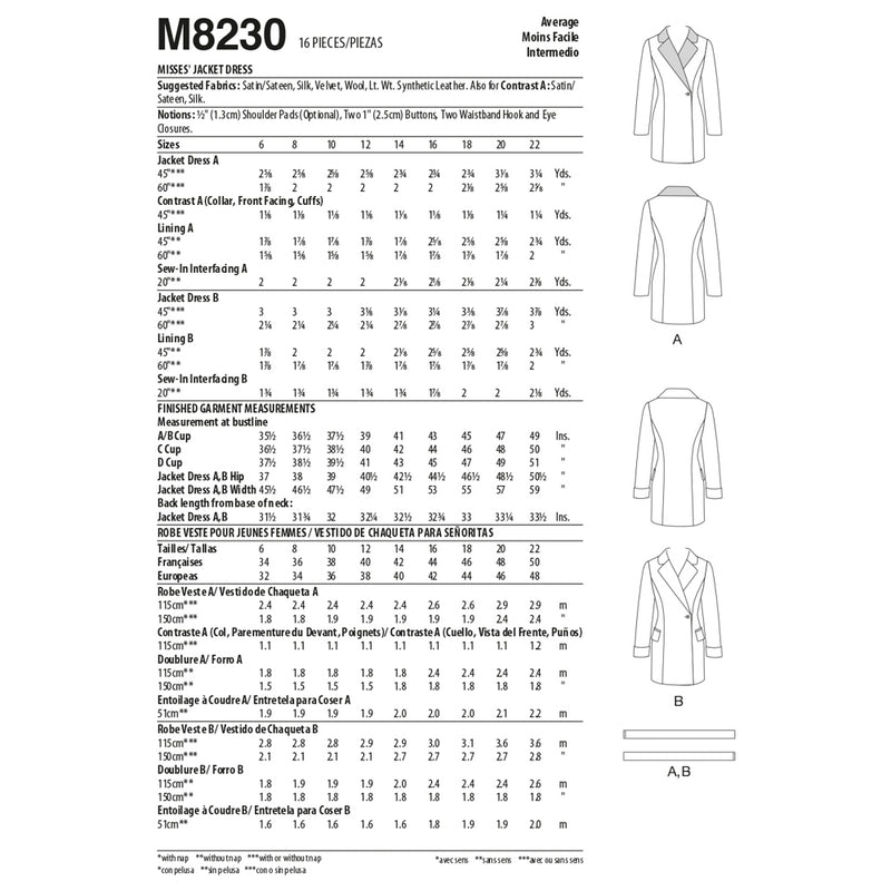 M8230 Misses' Jacket Dress (size: 14-16-18-20-22)