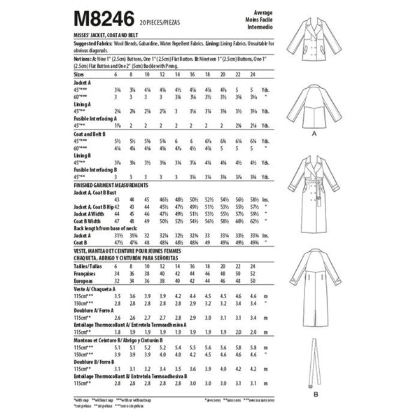 M8246 Misses' Jacket, Coat and Belt (size: 6-8-10-12-14)