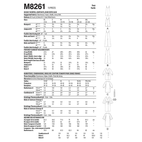 M8261 Misses' Romper, Jumpsuit, Robe with Sash(X-S-M)