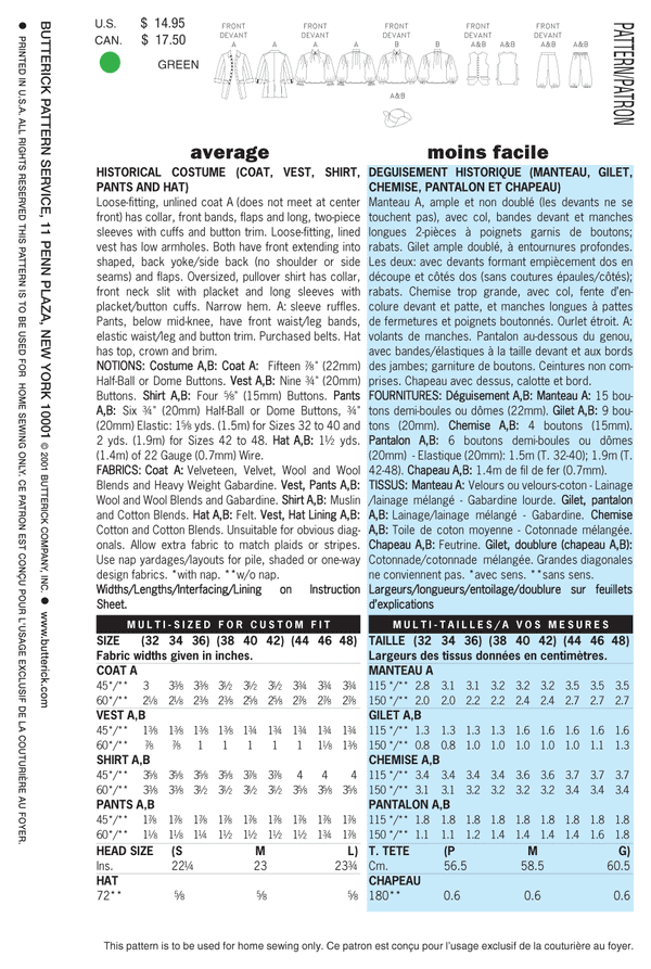 B3072 Historical Costume (Coat, Vest, Shirt, Pants and Hat)