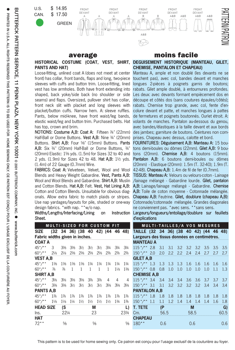 B3072 Costume d'époque (Manteau, veste, chemise, pantalon, chapeau)