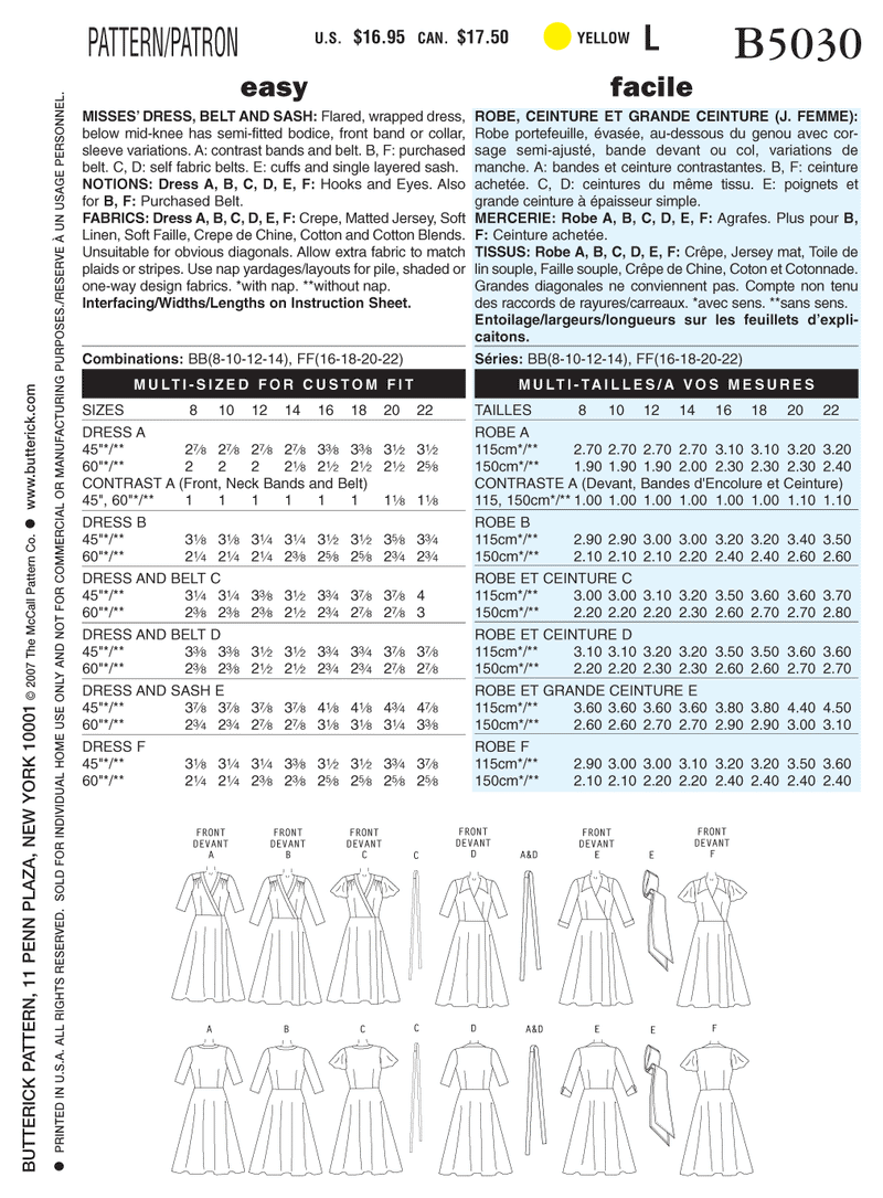 B5030 Robe, ceinture et grande ceinture - Jeunes femmes (grandeur : 8-10-12-14)