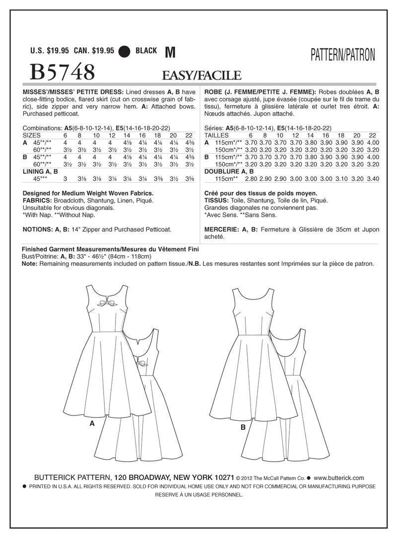 B5748 Misses'/Misses' Petite Dress (size: 6-8-10-12-14)