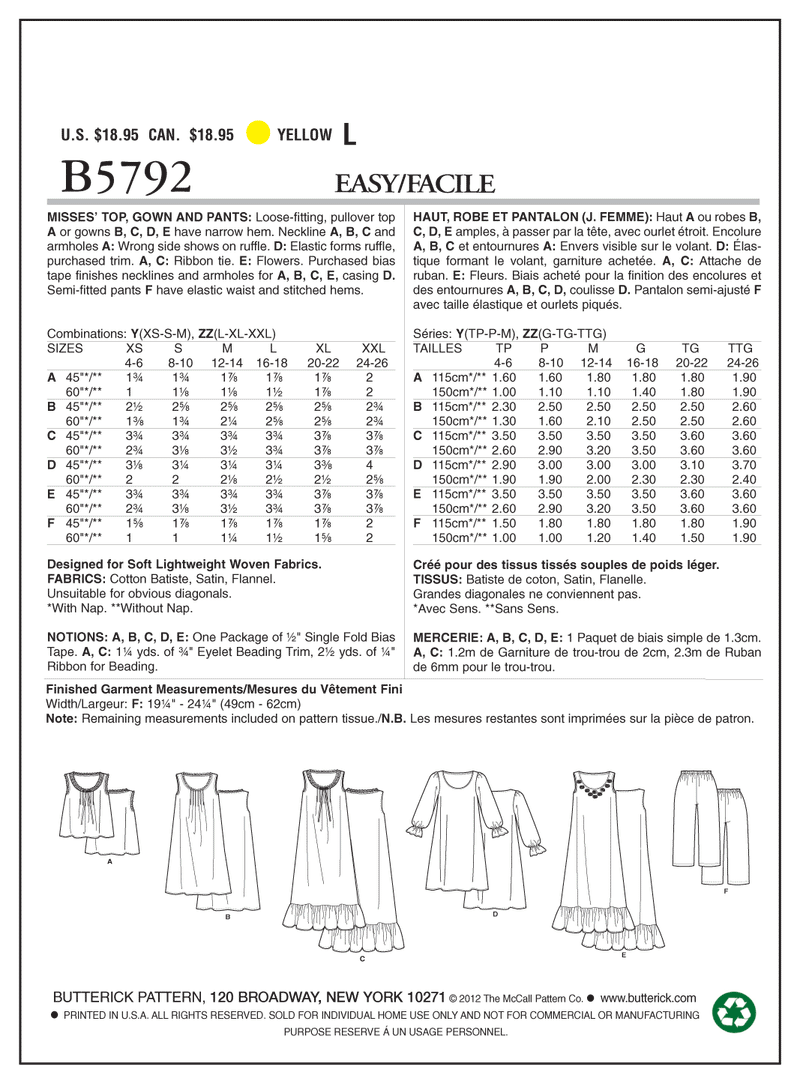 B5792 Misses' Top, Gown and Pants (Size: LRG-XLG-XXL)