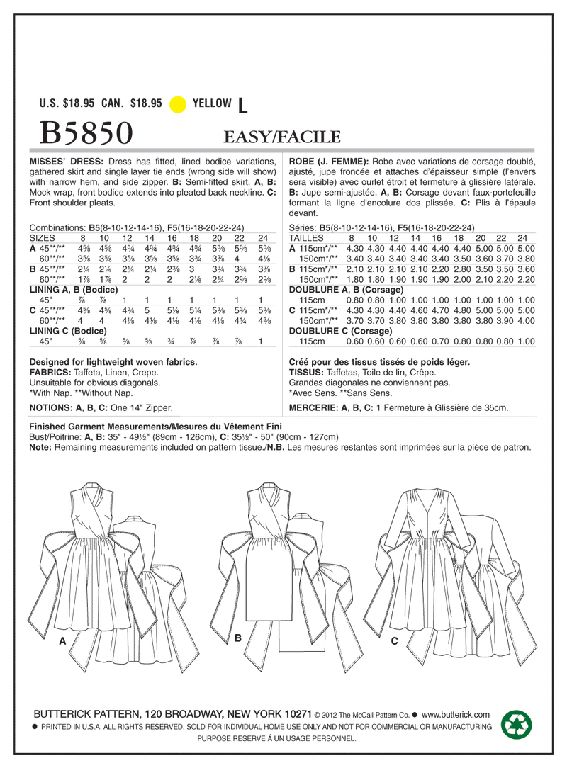B5850 Robe - Jeunes femmes (grandeur : 8-10-12-14-16)
