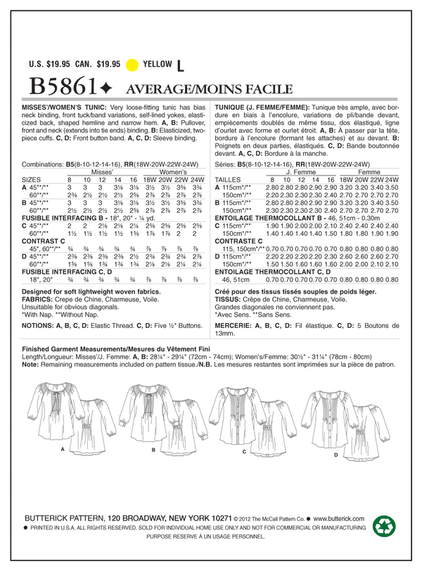 B5861 Misses'/Women's Tunic (size: 8-10-12-14-16)