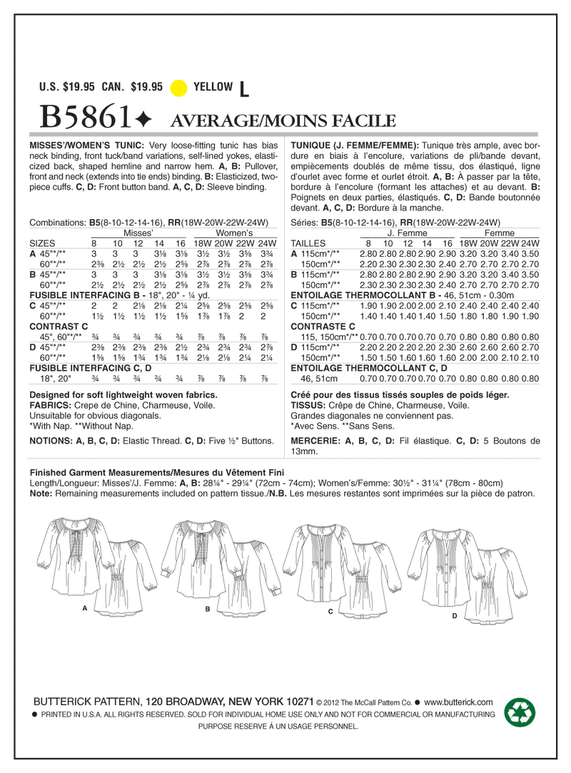 B5861 Misses'/Women's Tunic (Size: 18W-20W-22W-24W)