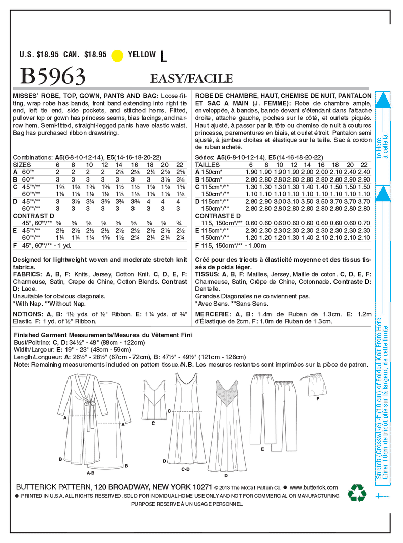 B5963 Peignoir, haut, vêtement de nuit, pantalon et sac - Jeunes femmes (grandeur : 6-8-10-12-14)