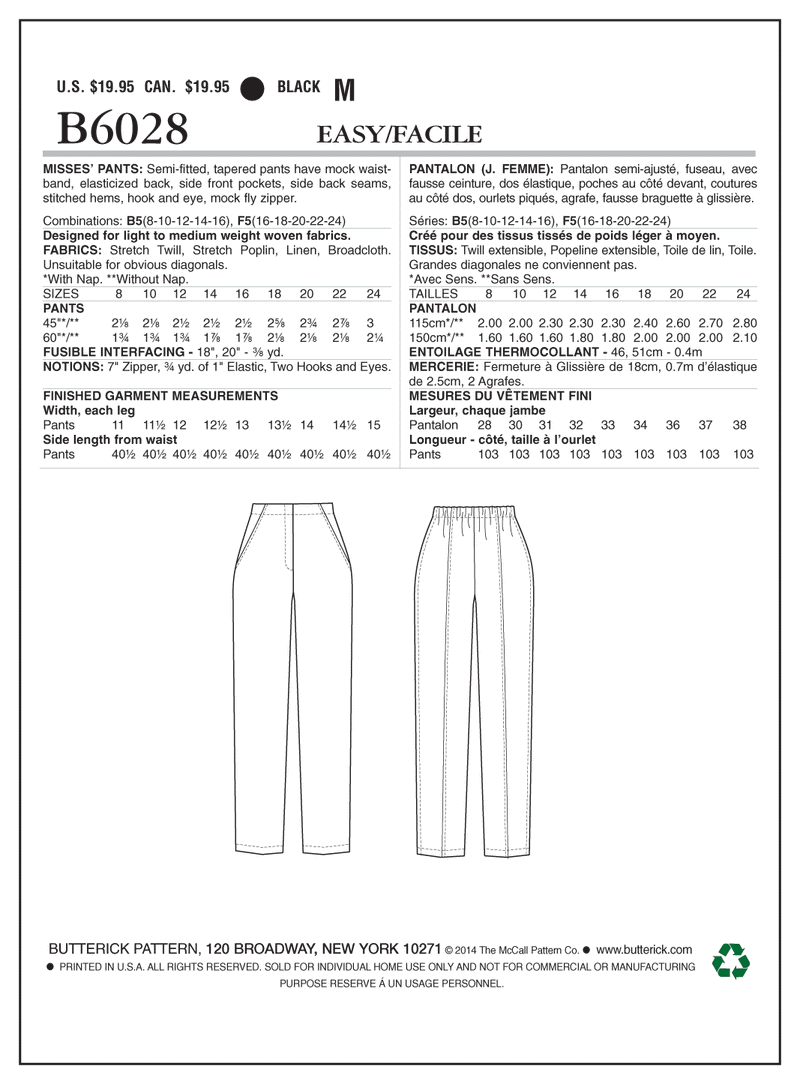 B6028 Pantalon - Jeunes femmes (grandeur : 8-10-12-14-16)