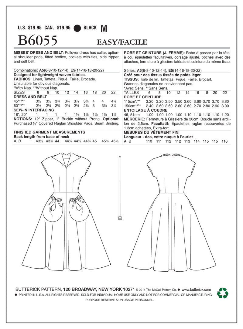 B6055 Misses' Dress and Belt (size: 6-8-10-12-14)
