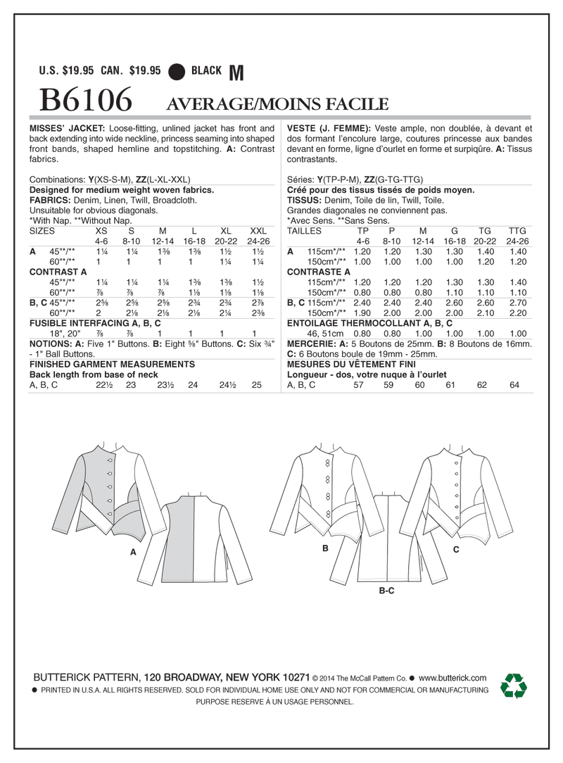 B6106 Misses' Jacket (size: LRG-XLG-XXL)