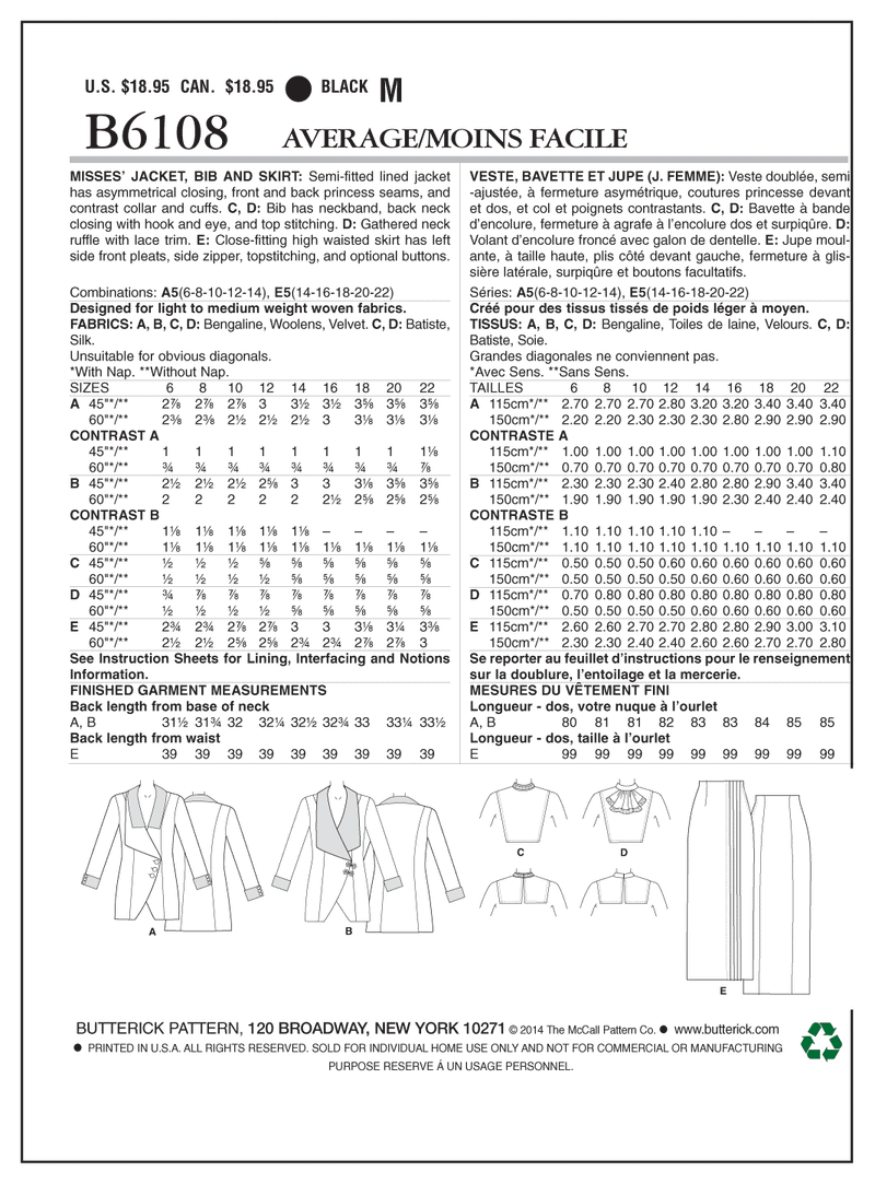 B6108 Misses' Jacket, Bib and Skirt (size: 6-8-10-12-14)