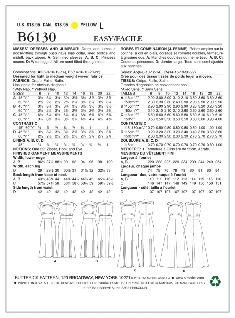 B6130 Robe et combinaison - Jeunes femmes (grandeur : 14-16-18-20-22)