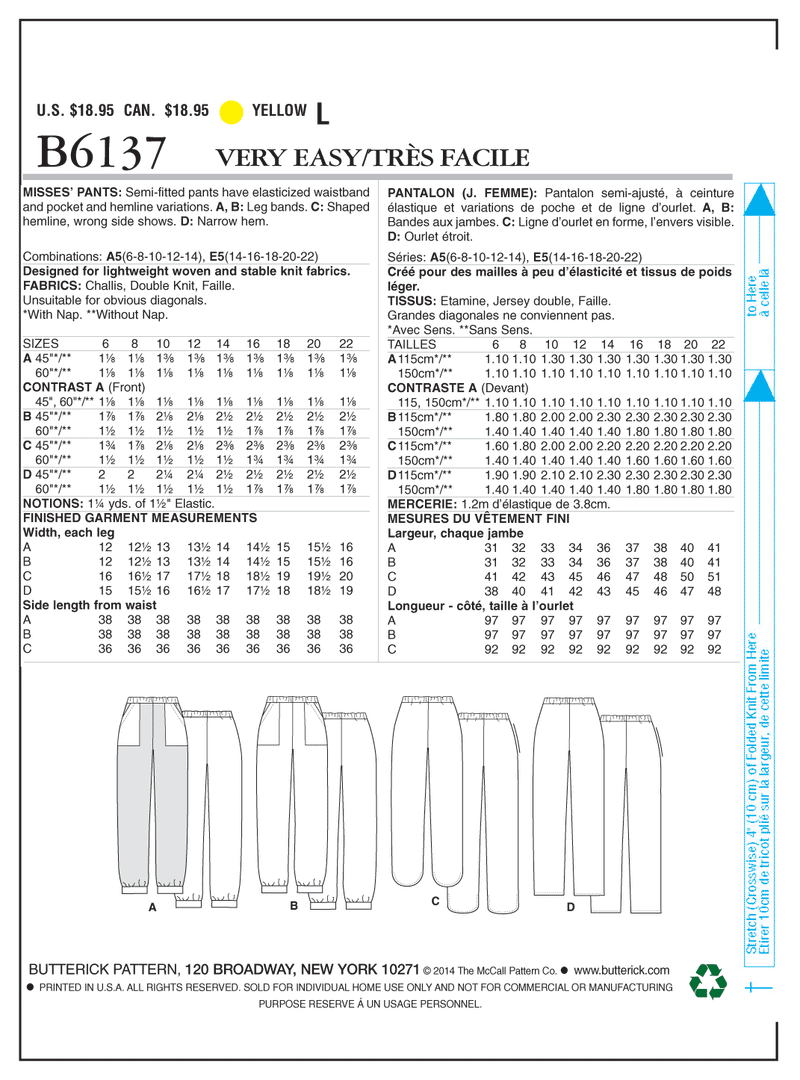 B6137 Misses' Pants (size: 6-8-10-12-14)