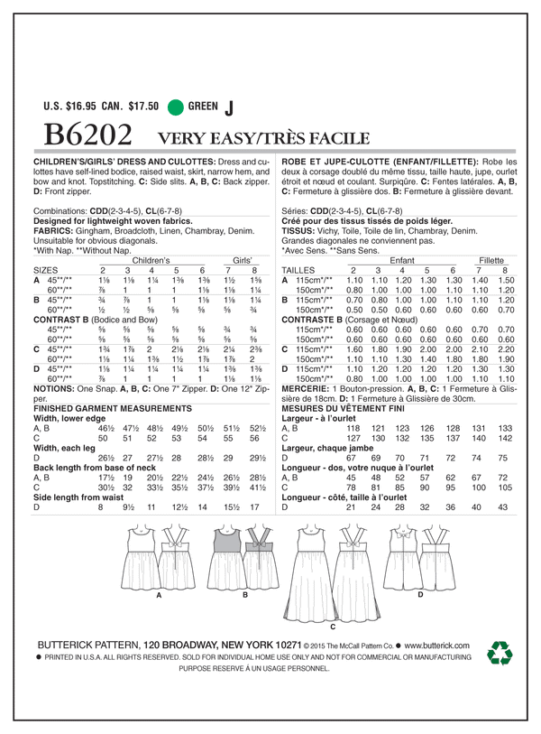B6202 Robe et Jupe-culotte - Enfant/Fillettte (grandeur : 6-7-8)