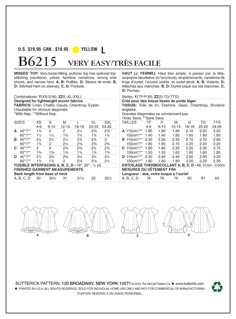 B6215 Misses' Top (size: LRG-XLG-XXL)