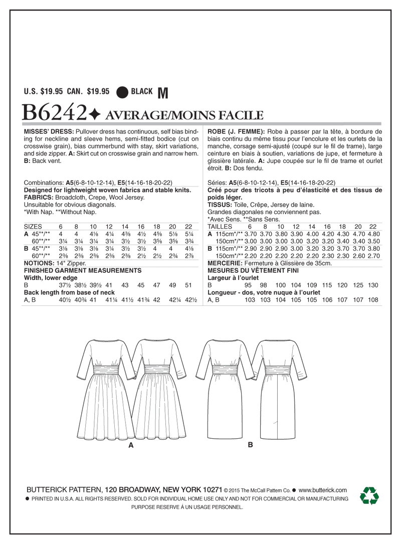 B6242 Misses' Dress (Size: 14-16-18-20-22)