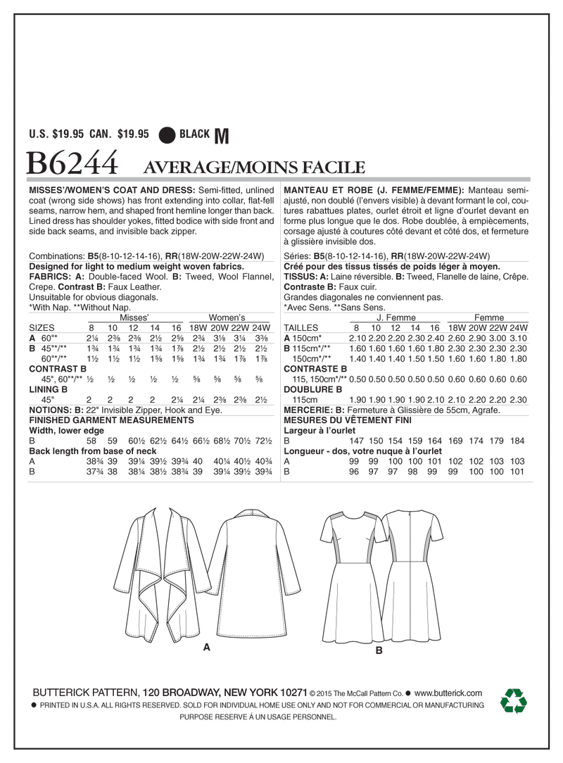 B6244 Misses'/Women's Coat and Dress (Size: 18W-20W-22W-24W)