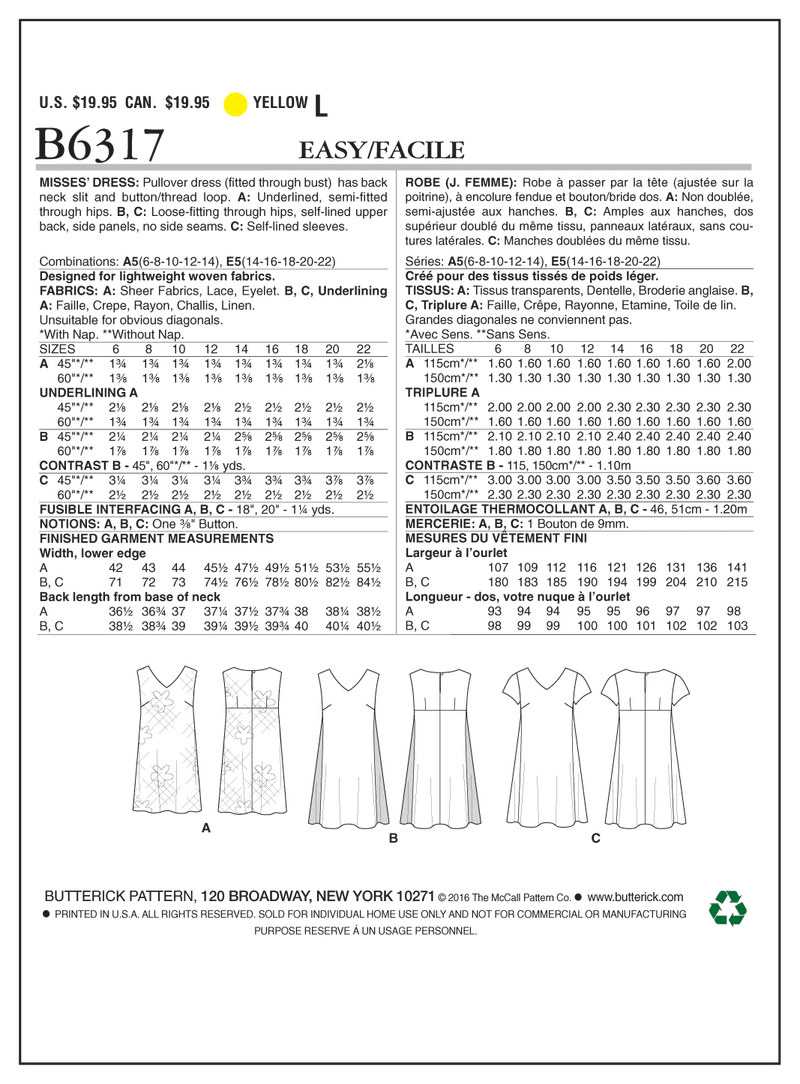 B6317 Misses' Pullover V-Neck Dresses (Size: 14-16-18-20-22)