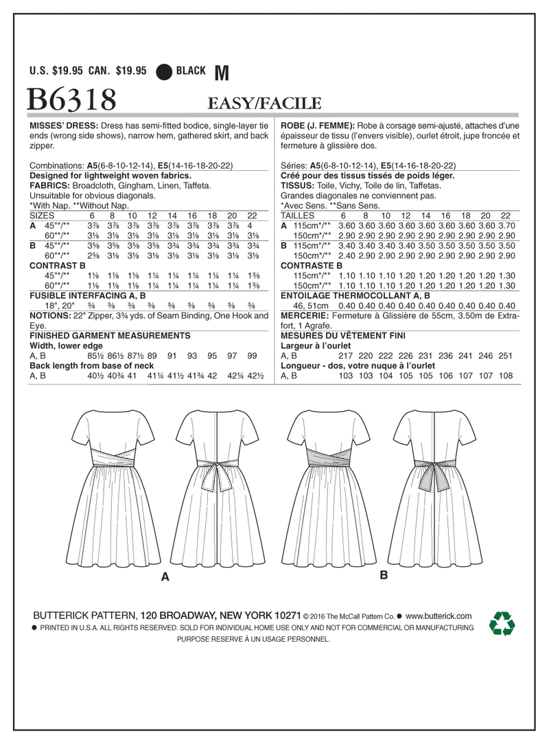 B6318 Robe à Corsage Semi-Ajusté - Jeune Femme (Grandeur : 14-16-18-20-22)