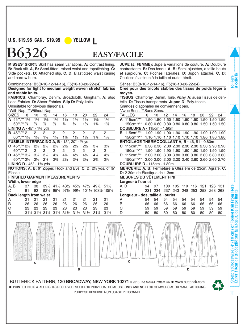 B6326 Jupes Taille Haute ou Taille Élastique - Jeune Femme (Grandeur : 16-18-20-22-24)