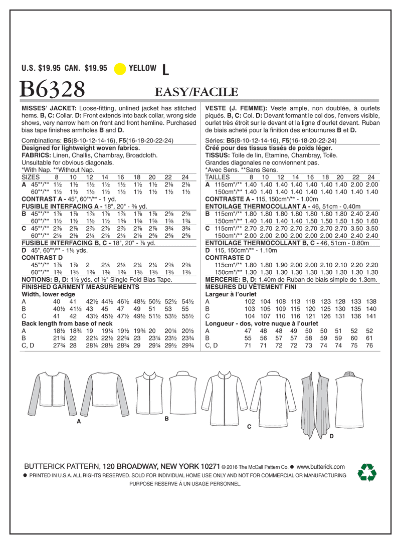 B6328 Misses' Open-Front Jackets (Size: 8-10-12-14-16)