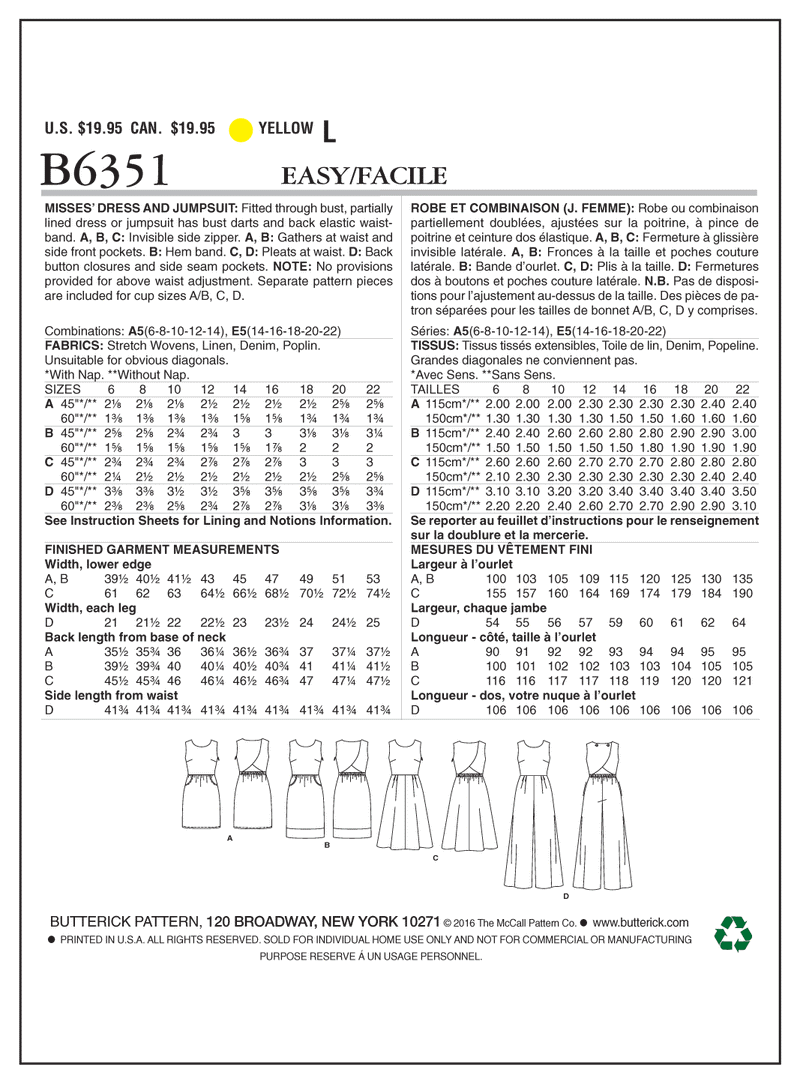 B6351 Misses' Open-Back, Tulip-Detail Dresses and Jumpsuit (Size: 14-16-18-20-22)