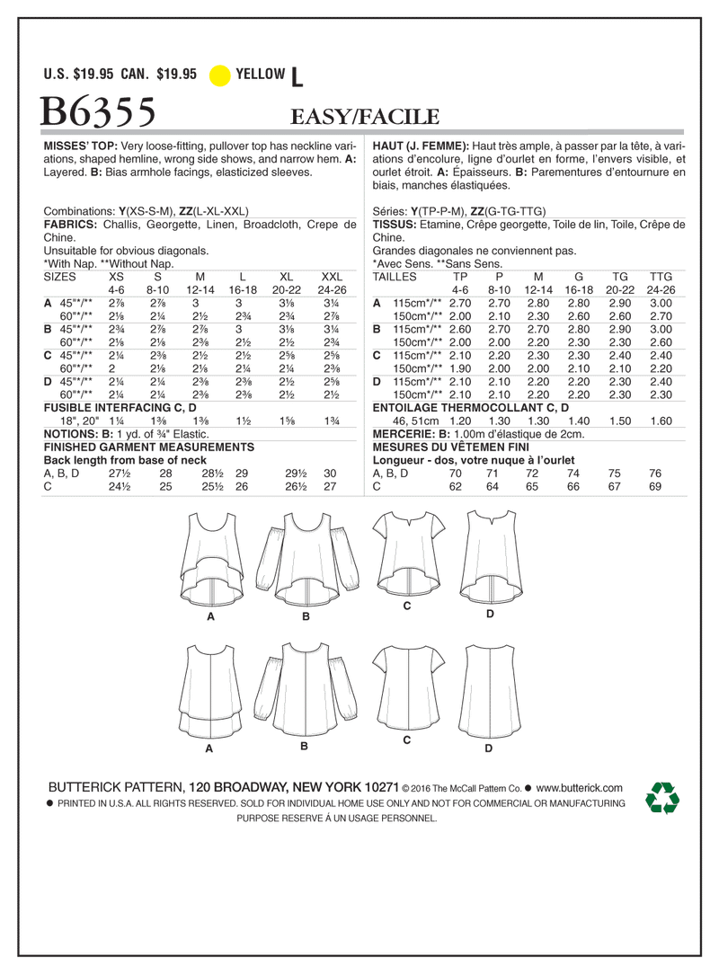 B6355 Misses' Overlay, Cold Shoulder or Notch-Neck Tops (Size: 16-18-20-22-24-26)