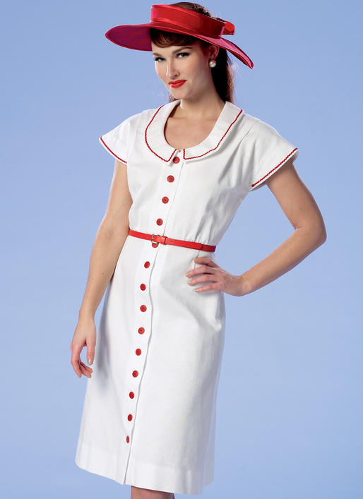 B6363 Misses' Button-Front, Flutter Sleeve Dresses and Sun Hat (Size: 6-8-10-12-14)