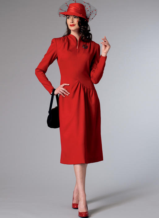 B6374 Misses' Swan-Neck or Shawl Collar Dresses with Asymmetrical Gathers (Size: 14-16-18-20-22)